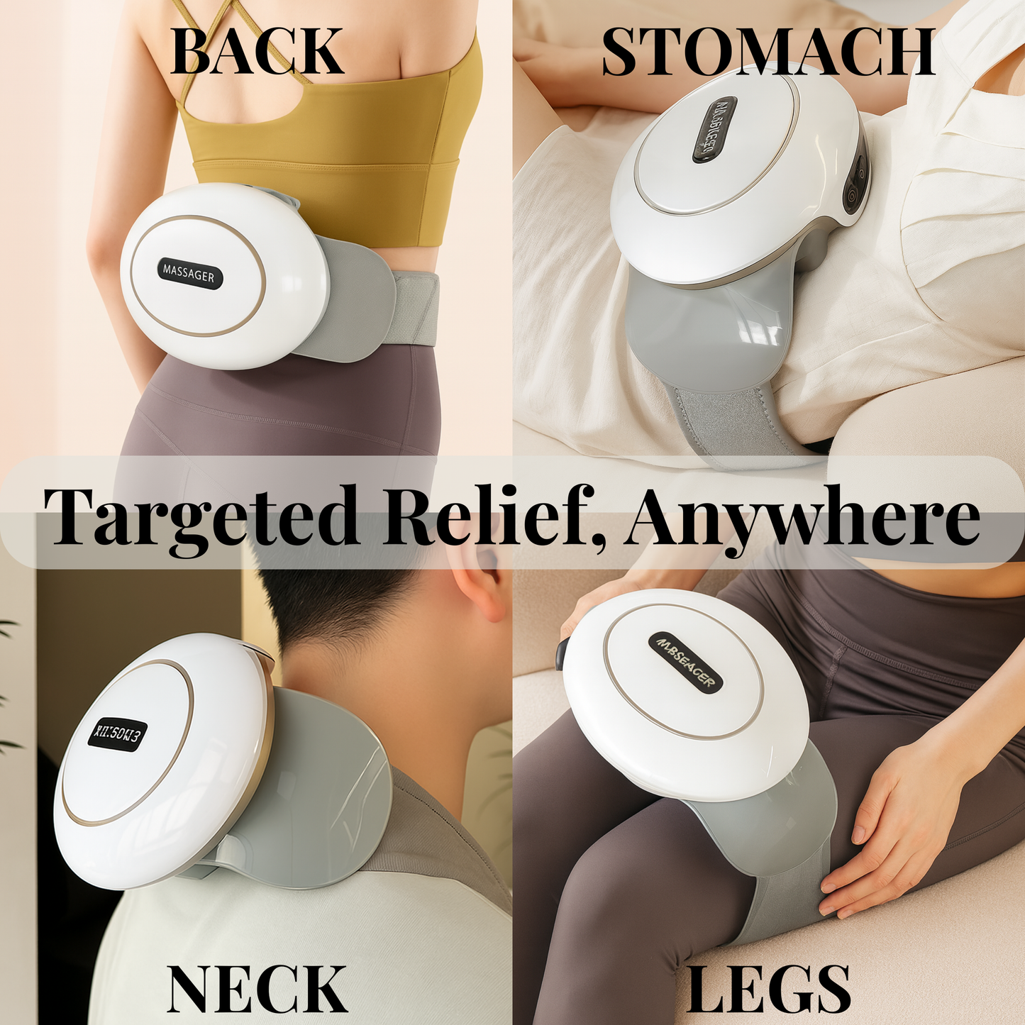 Massage device being used on different parts of the body with text indicating targeted relief for back, stomach, neck, and legs.