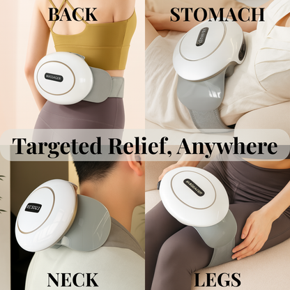 Massage device being used on different parts of the body with text indicating targeted relief for back, stomach, neck, and legs.